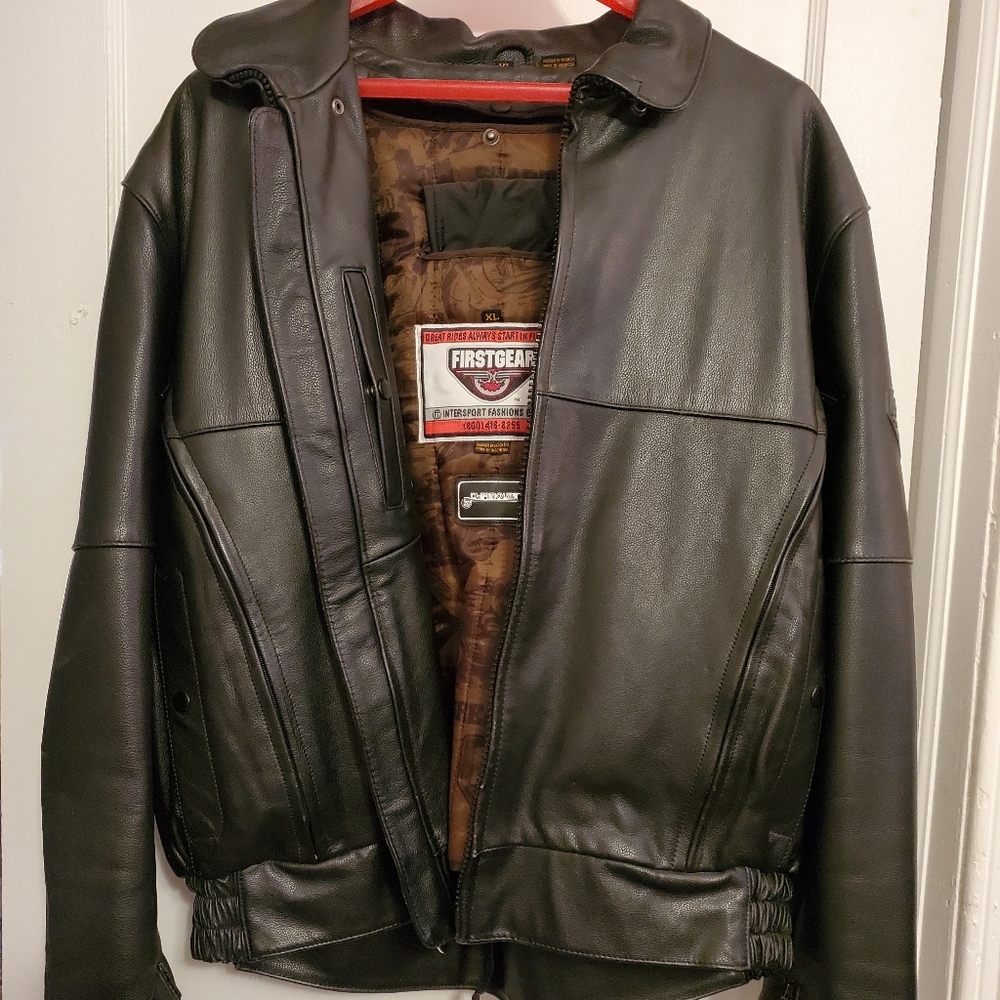 Firstgear thermoliner black leather motorcycle jacket XL
